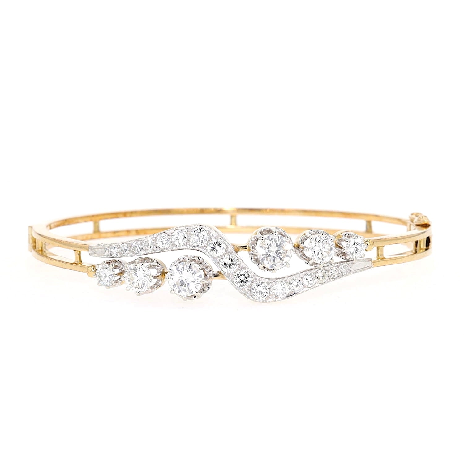 Vintage bangle in 585 gold with a total of approx. 2.9 ct brilliants and diamonds, lying frontally