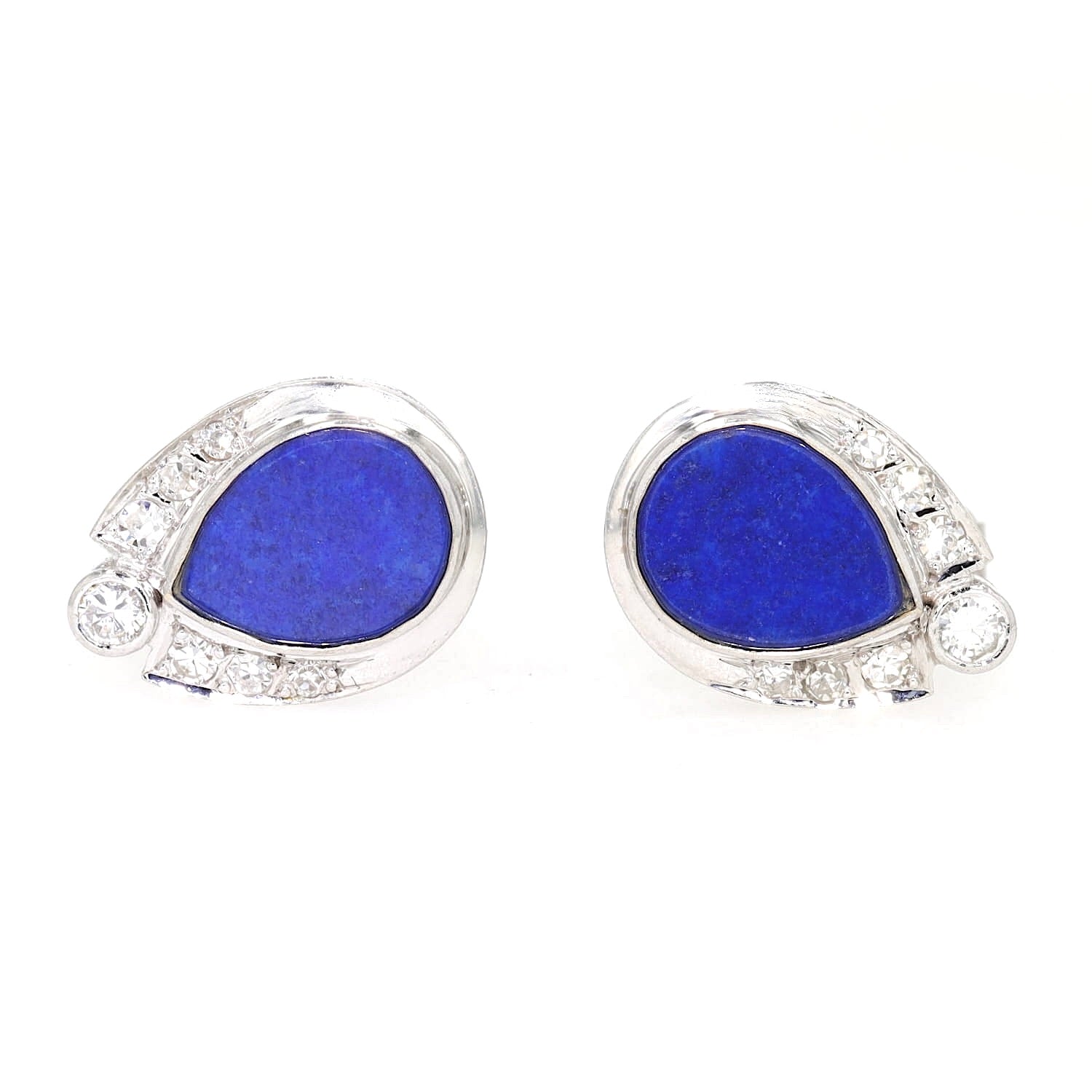 Pair of stud earrings in 585 white gold, each with a Lapsi lazuli, brilliants and diamonds, lying frontally