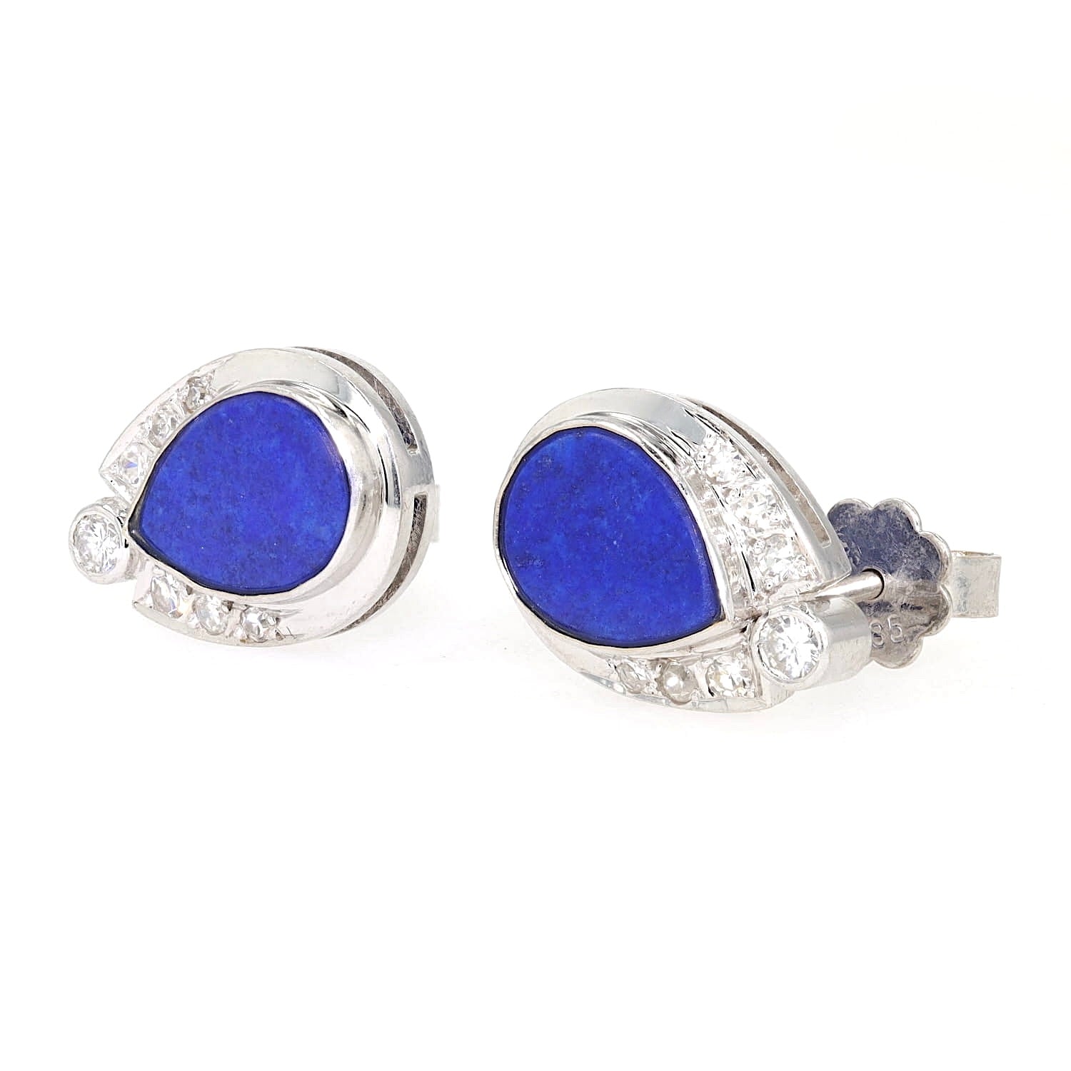 Pair of stud earrings in 585 white gold, each with a Lapsi lazuli, brilliants and diamonds, turned horizontally to the left