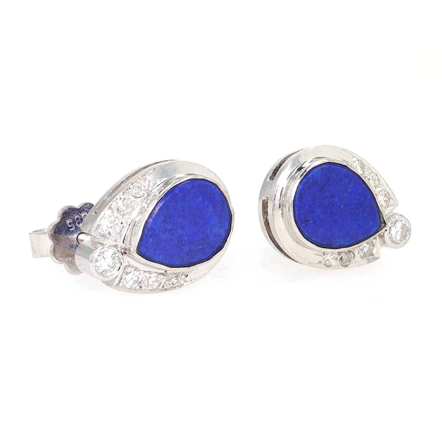 Pair of stud earrings in 585 white gold, each with a lapsi lazuli, brilliants and diamonds, turned horizontally to the right