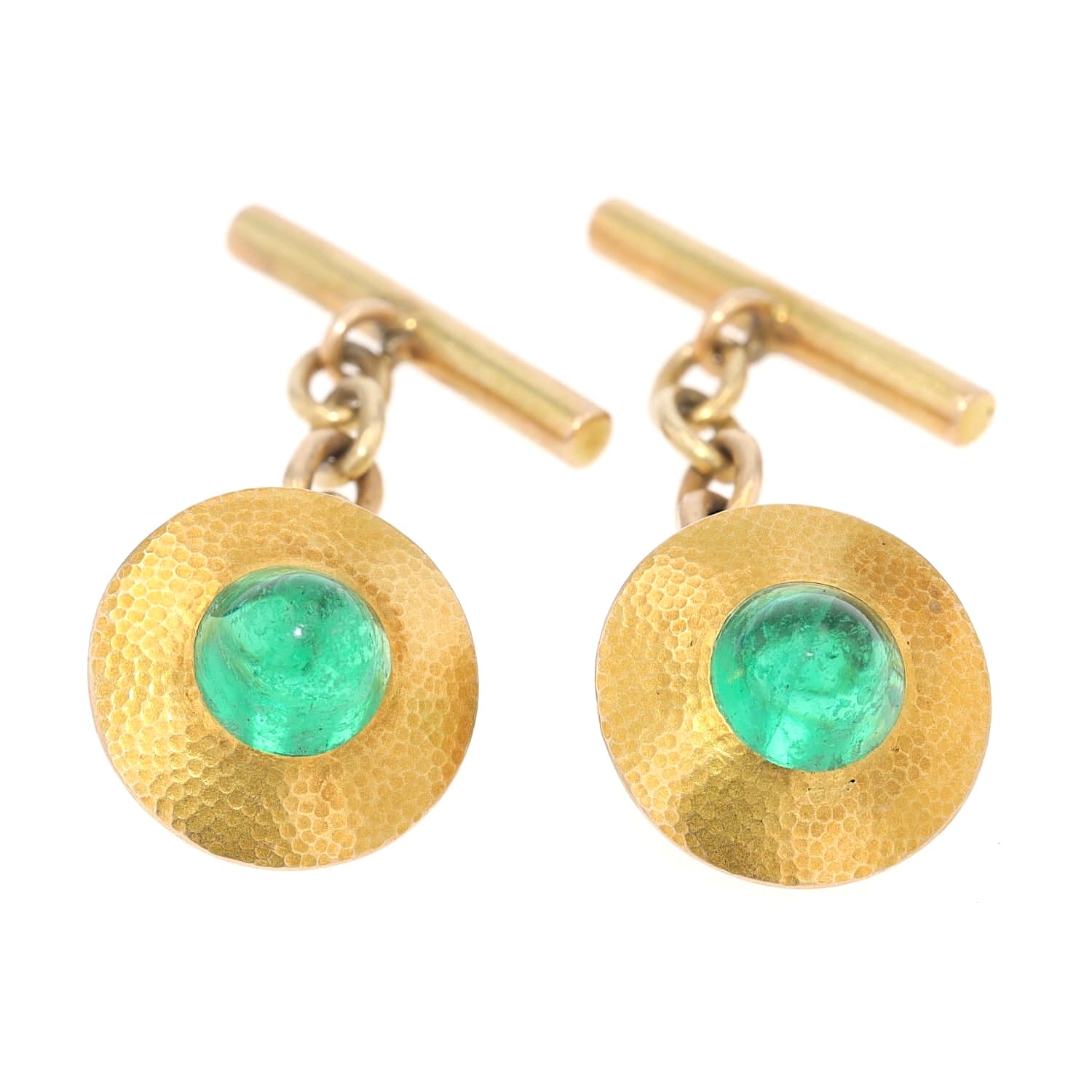 Pair of cufflinks in 585 yellow gold with green glass stones, lying frontally