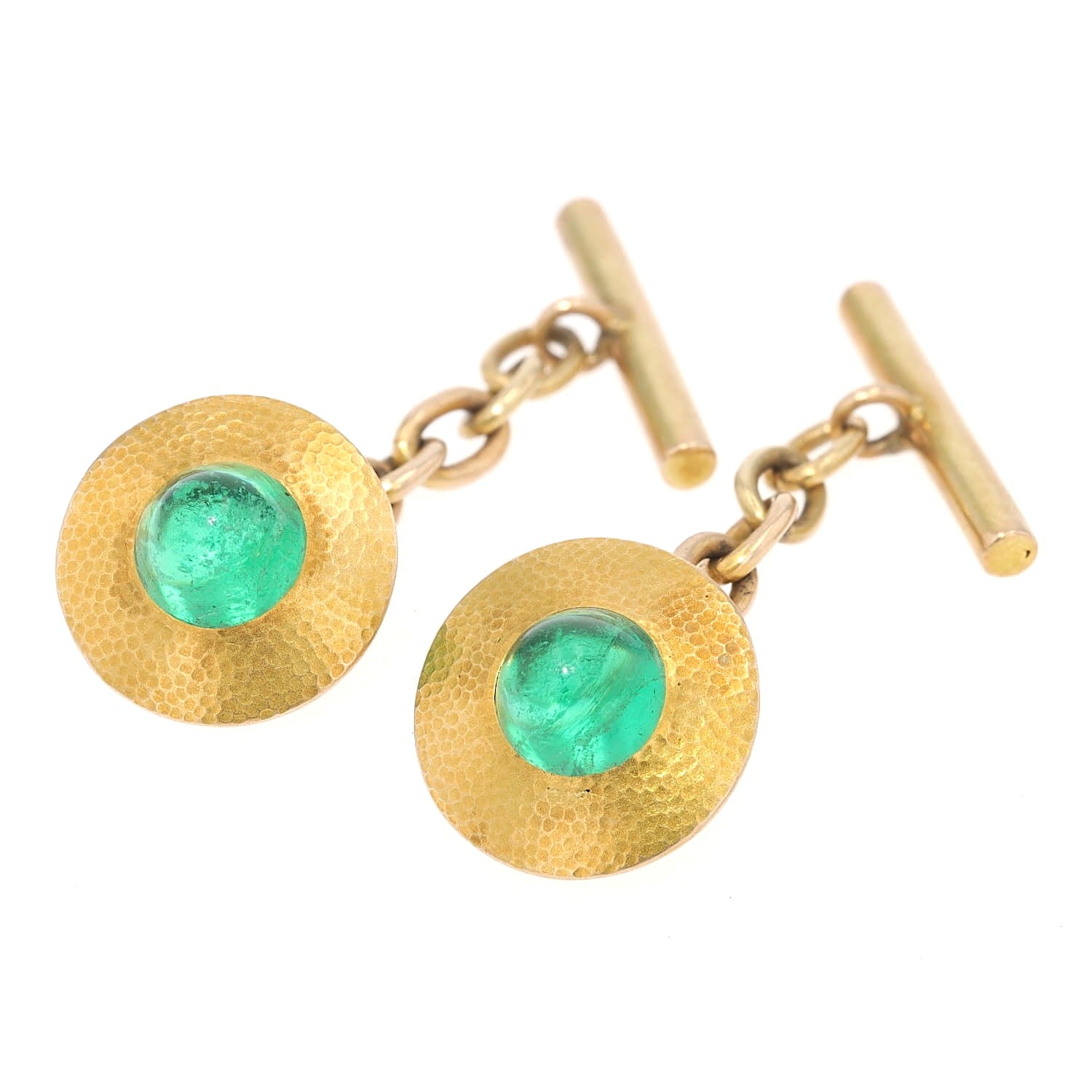 Pair of cufflinks in 585 yellow gold with green glass stones, turned horizontally to the left