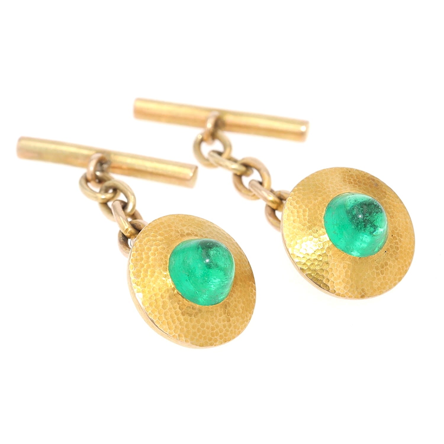 Pair of cufflinks in 585 yellow gold with green glass stones, turned horizontally to the right