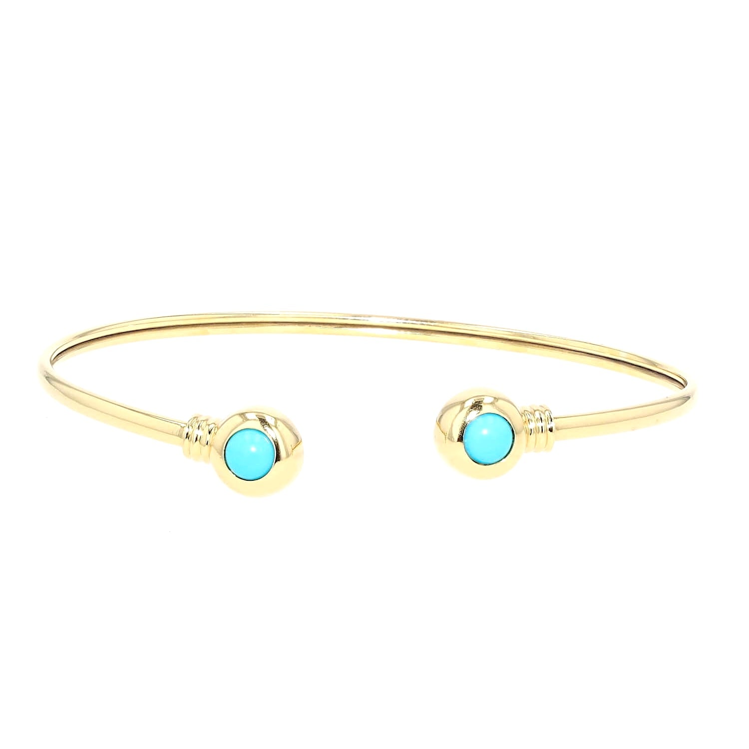 Bangle in 585 yellow gold with 2 turquoise cabochons, lying frontally