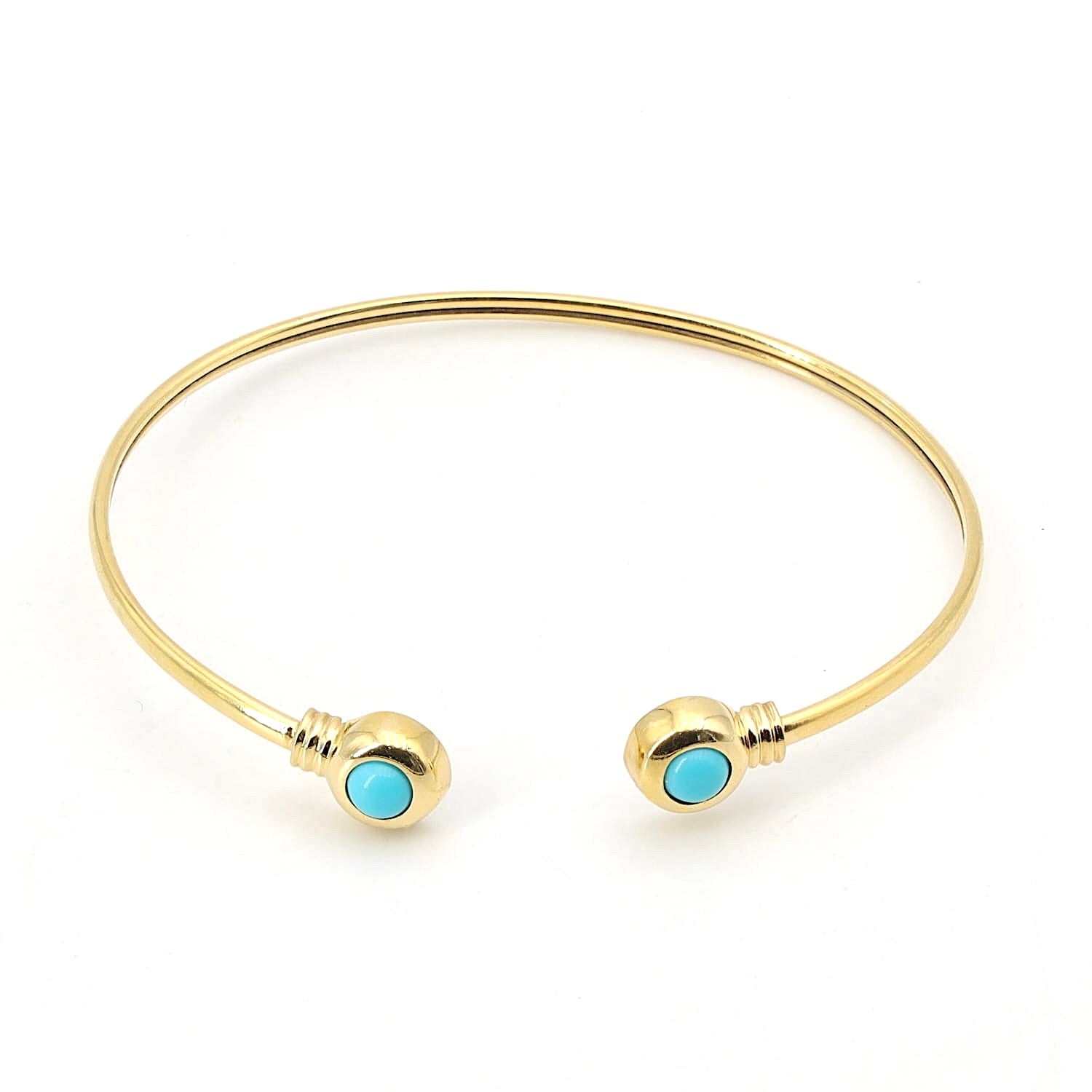 Bangle in 585 yellow gold with 2 turquoise cabochons, horizontal top view