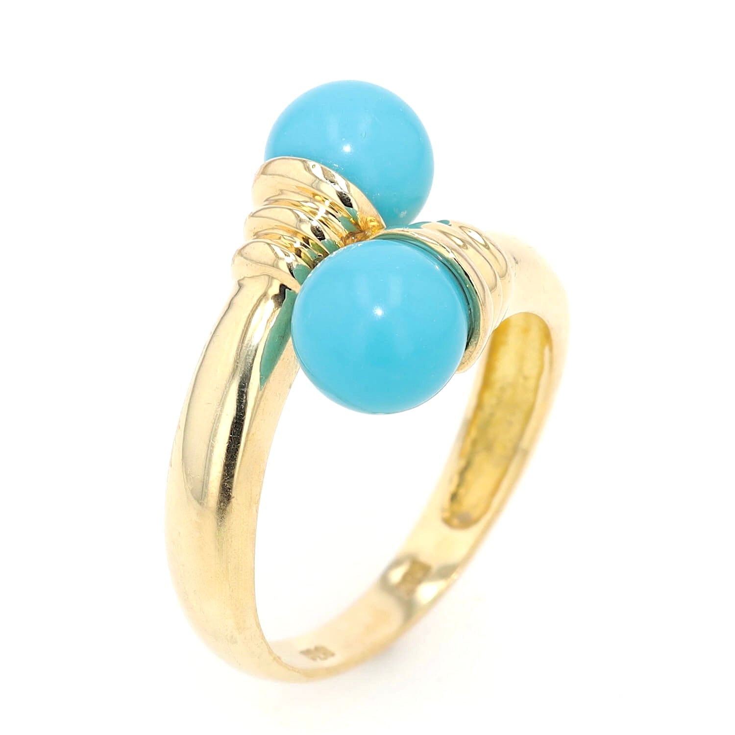 Ring in 585 yellow gold with two turquoise spheres, standing top view