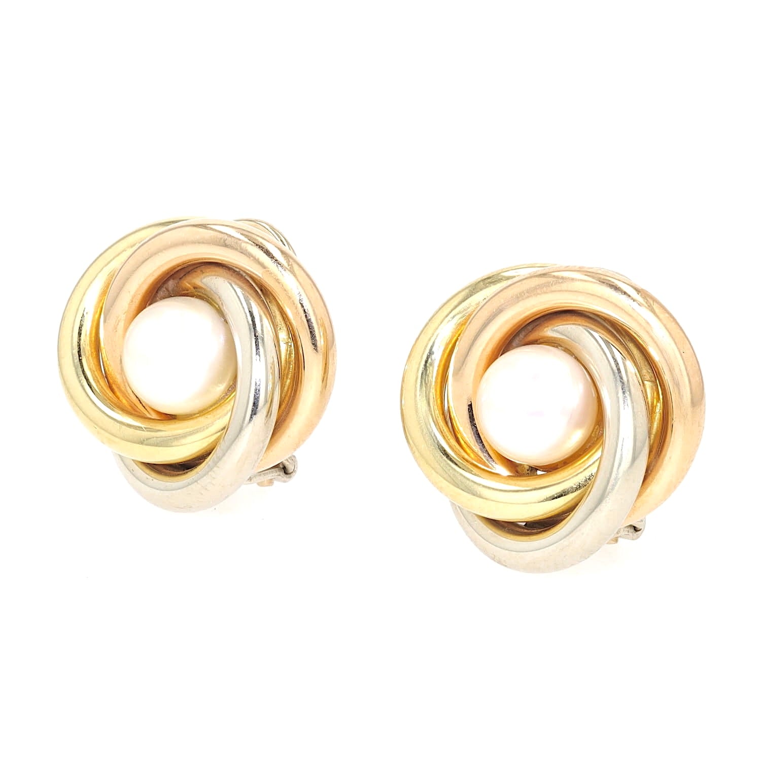 Vintage ear clips in 750 Tricolor gold, each with a cultured pearl, turned horizontally to the left