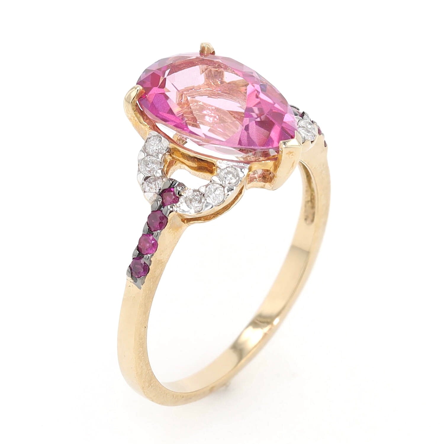 Ring in 375 yellow gold with a pink topaz, sapphires and brilliants, standing