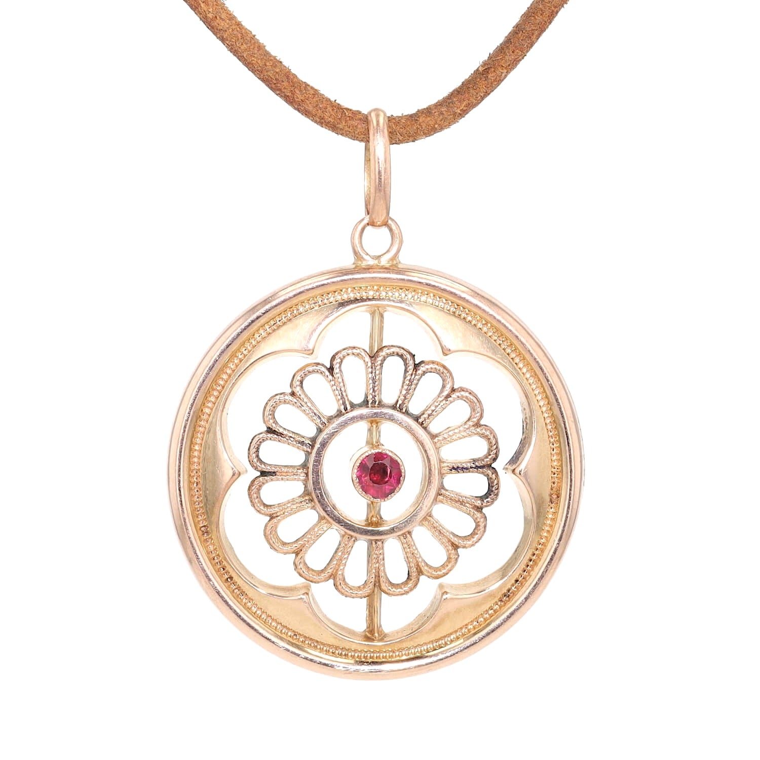 Art Nouveau pendant in 333 rose gold with a garnet, hanging frontally