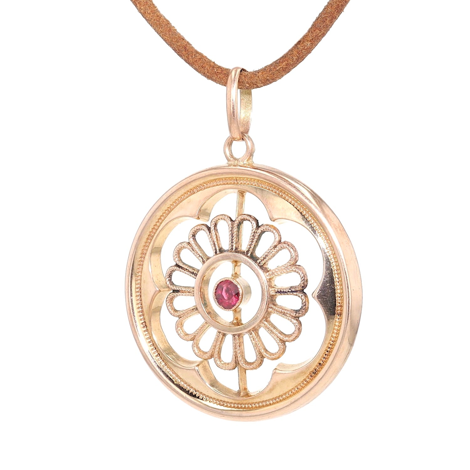 Art Nouveau pendant in 333 rose gold with a garnet, hanging, turned to the left