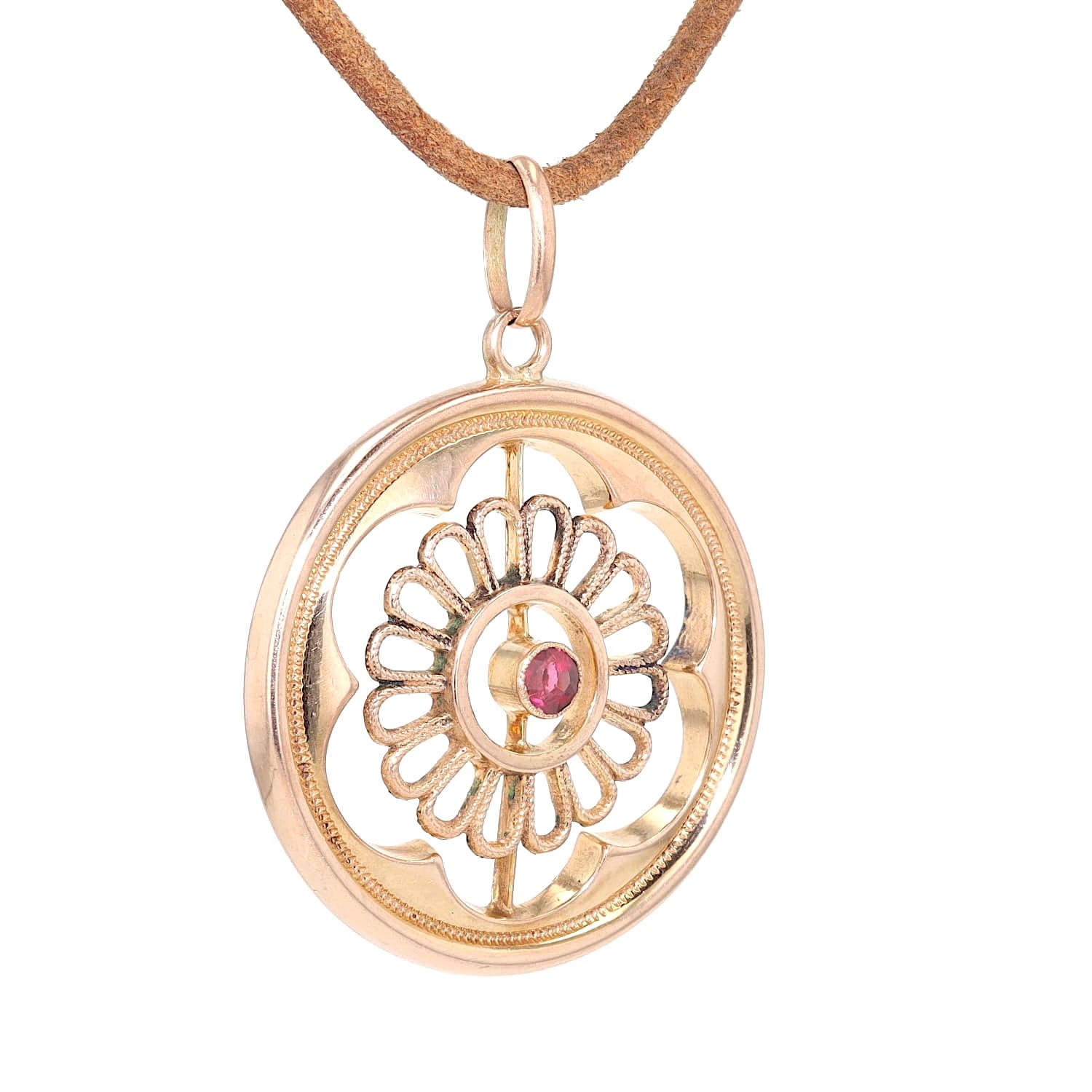 Art Nouveau pendant in 333 rose gold with a garnet, hanging turned to the right