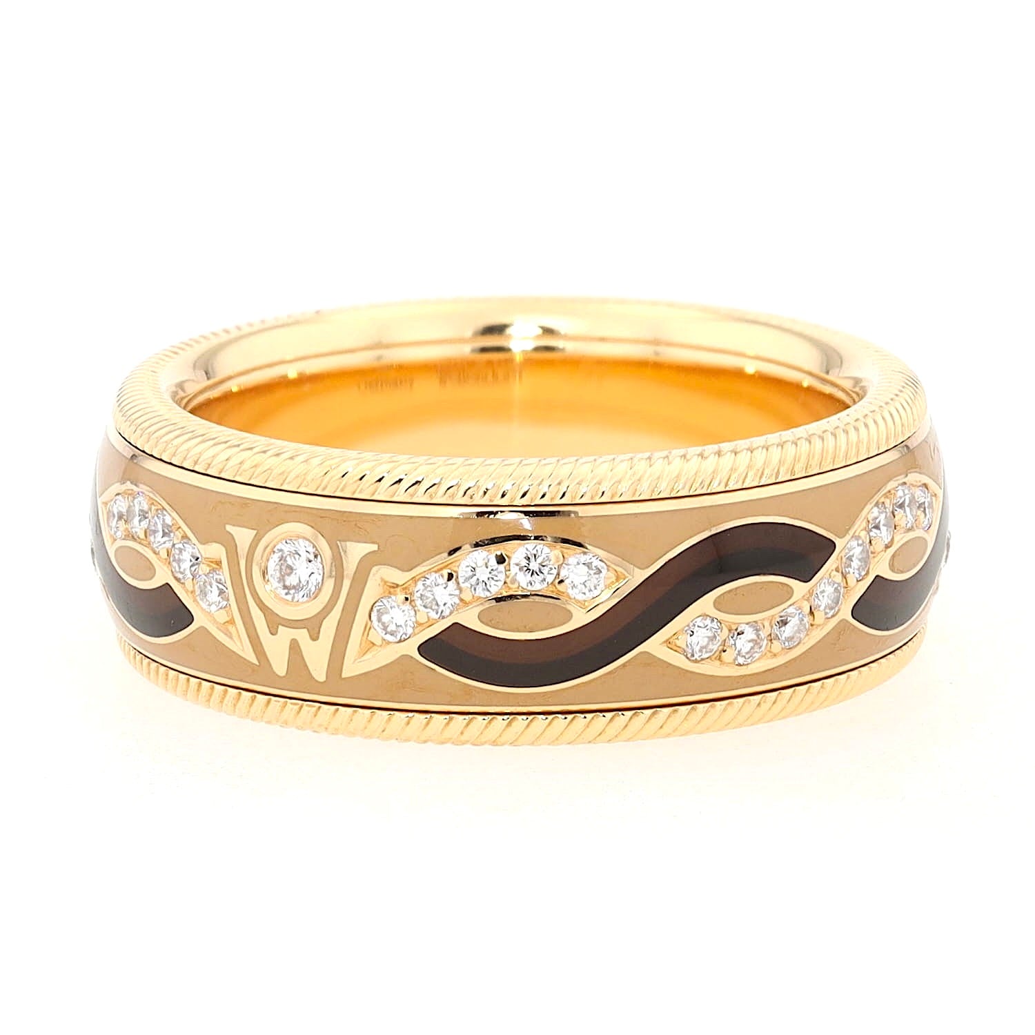 Wellendorff rotating ring in 750 yellow gold with approx. 0.20 ct brilliants and beige/mocha cold enamel, turned horizontally to the left