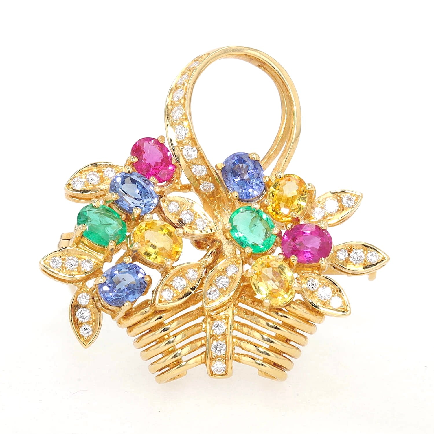 Jeweled brooch in 750 yellow gold with brilliants, rubies, sapphires and emeralds, standing frontal