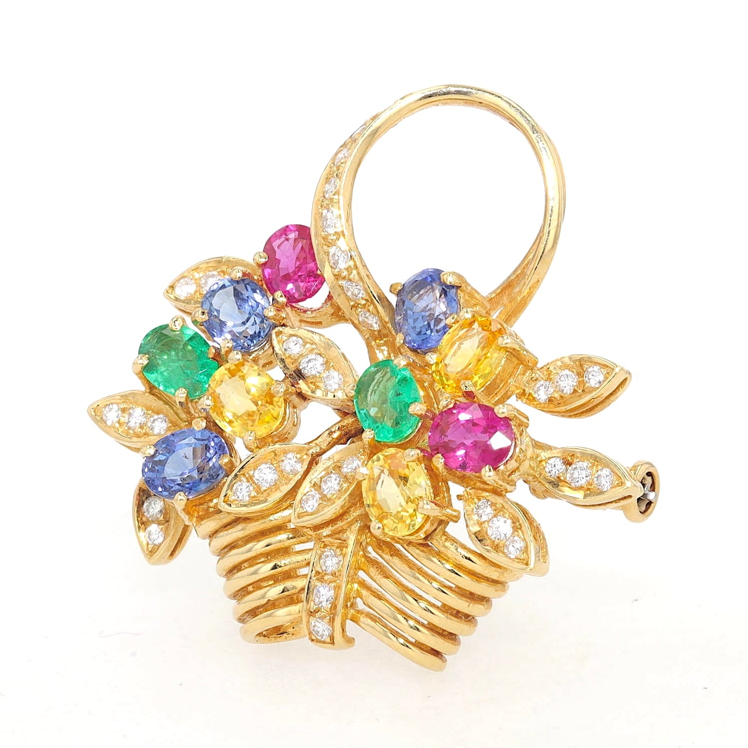 Jeweled brooch in 750 yellow gold with brilliants, rubies, sapphires and emeralds, standing inks turned