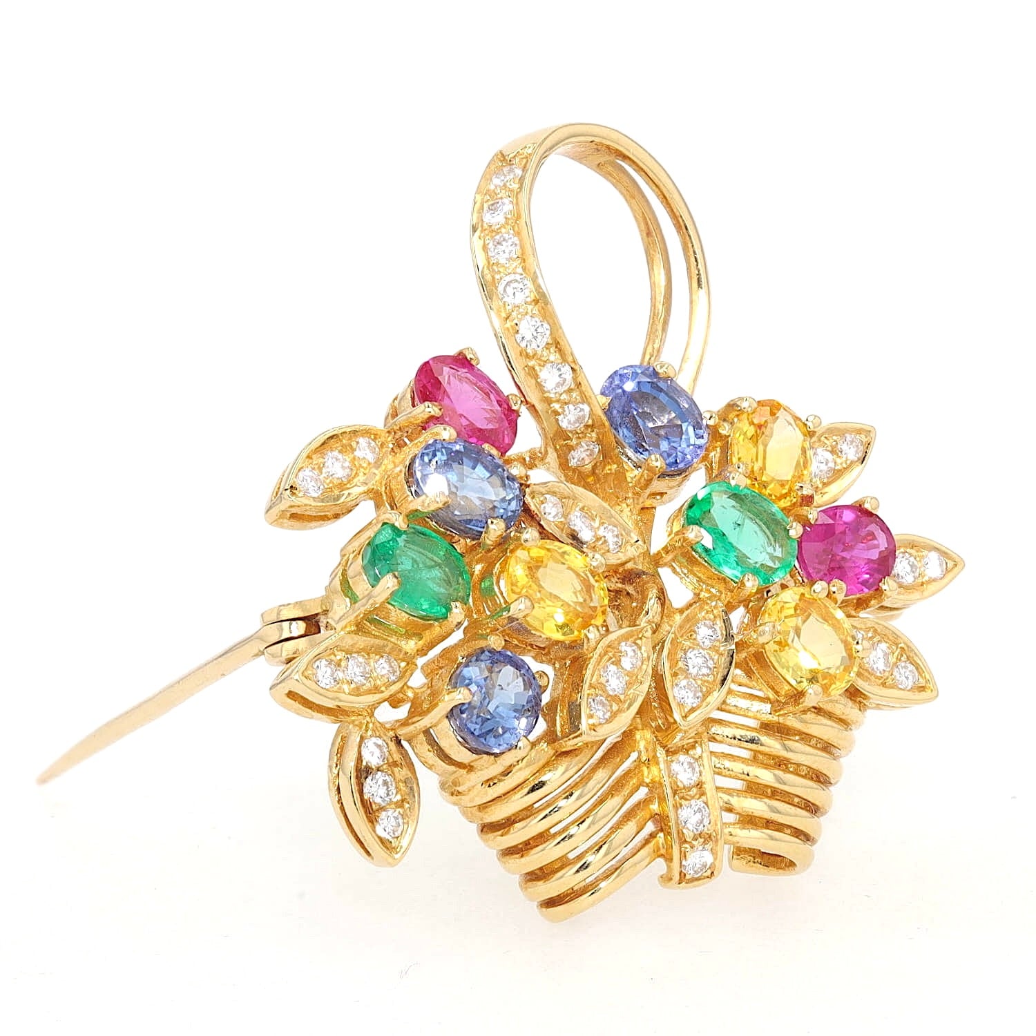 Jeweled brooch in 750 yellow gold with brilliants, rubies, sapphires and emeralds, standing turned to the right