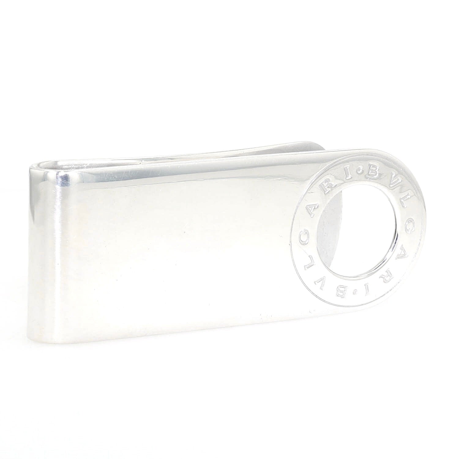 Bulgari money clip in 925 silver, lying slightly twisted from the front