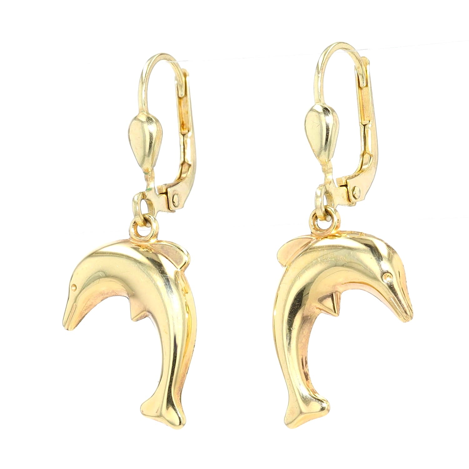 Earrings in 333 yellow gold with dolphins as pendants, hanging, turned to the left