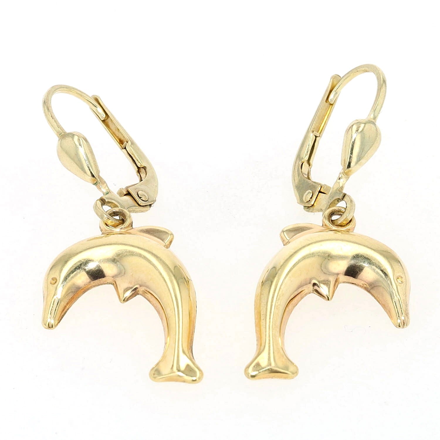 Earrings in 333 yellow gold with dolphins as pendants, hanging frontally