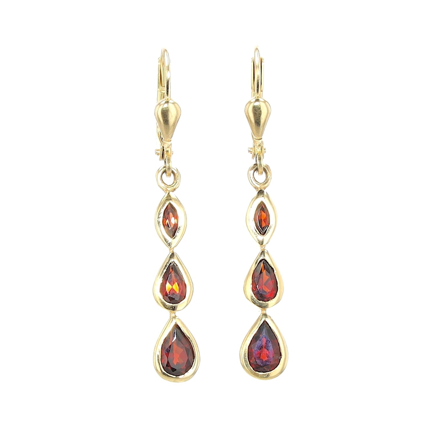 Earrings in 375 yellow gold with garnets, hanging frontal
