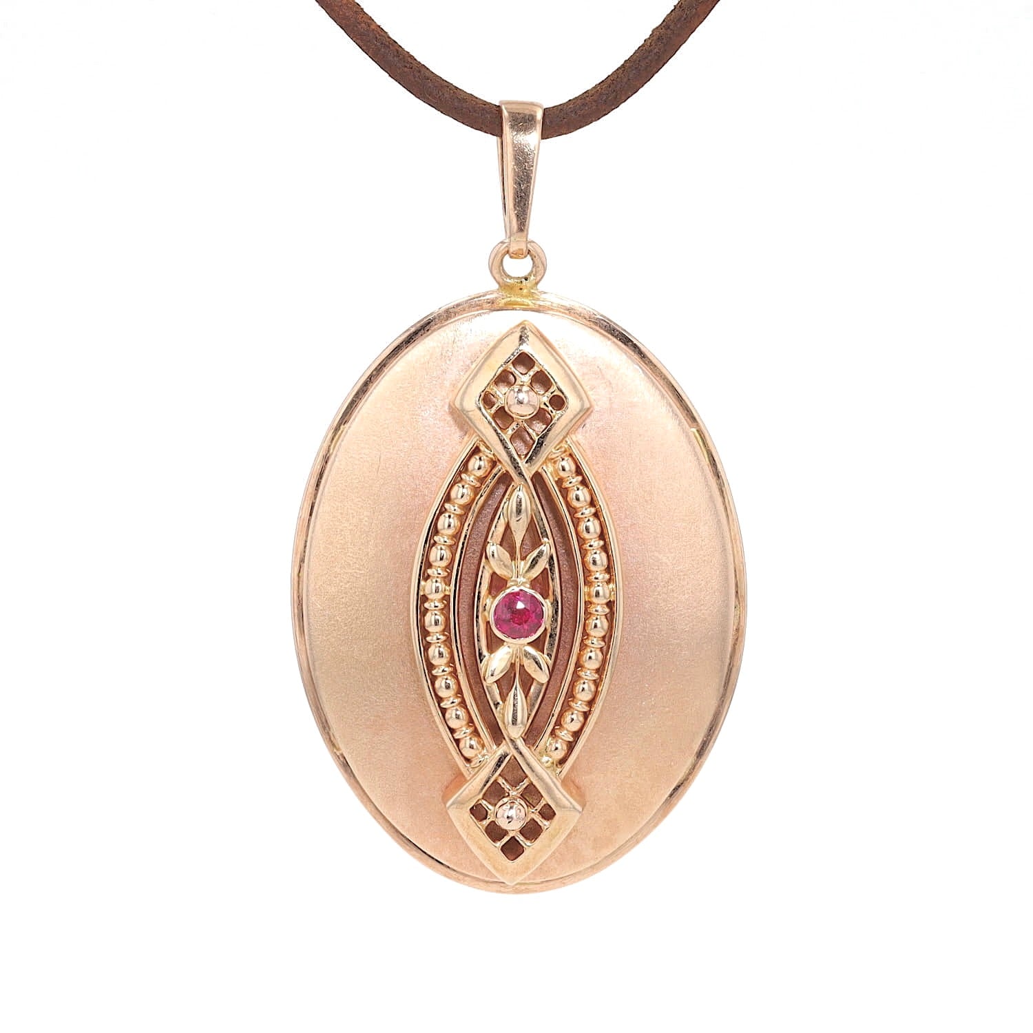 Vintage pendant in 585 rose gold with a Ruby, hanging frontally