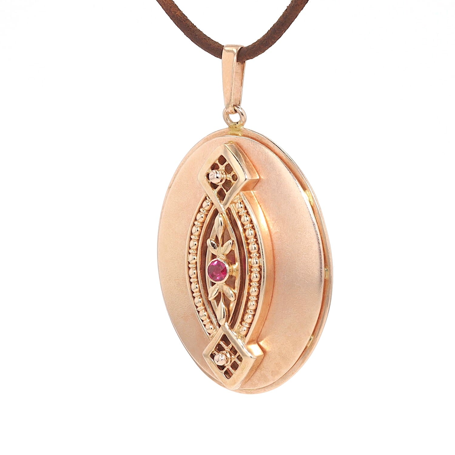 Vintage pendant in 585 rose gold with a Ruby, hanging, turned to the left