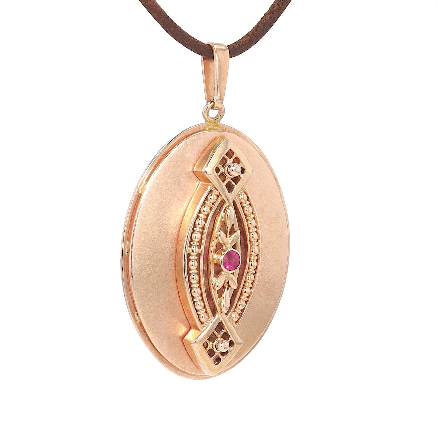 Vintage pendant in 585 rose gold with a Ruby, hanging turned to the right