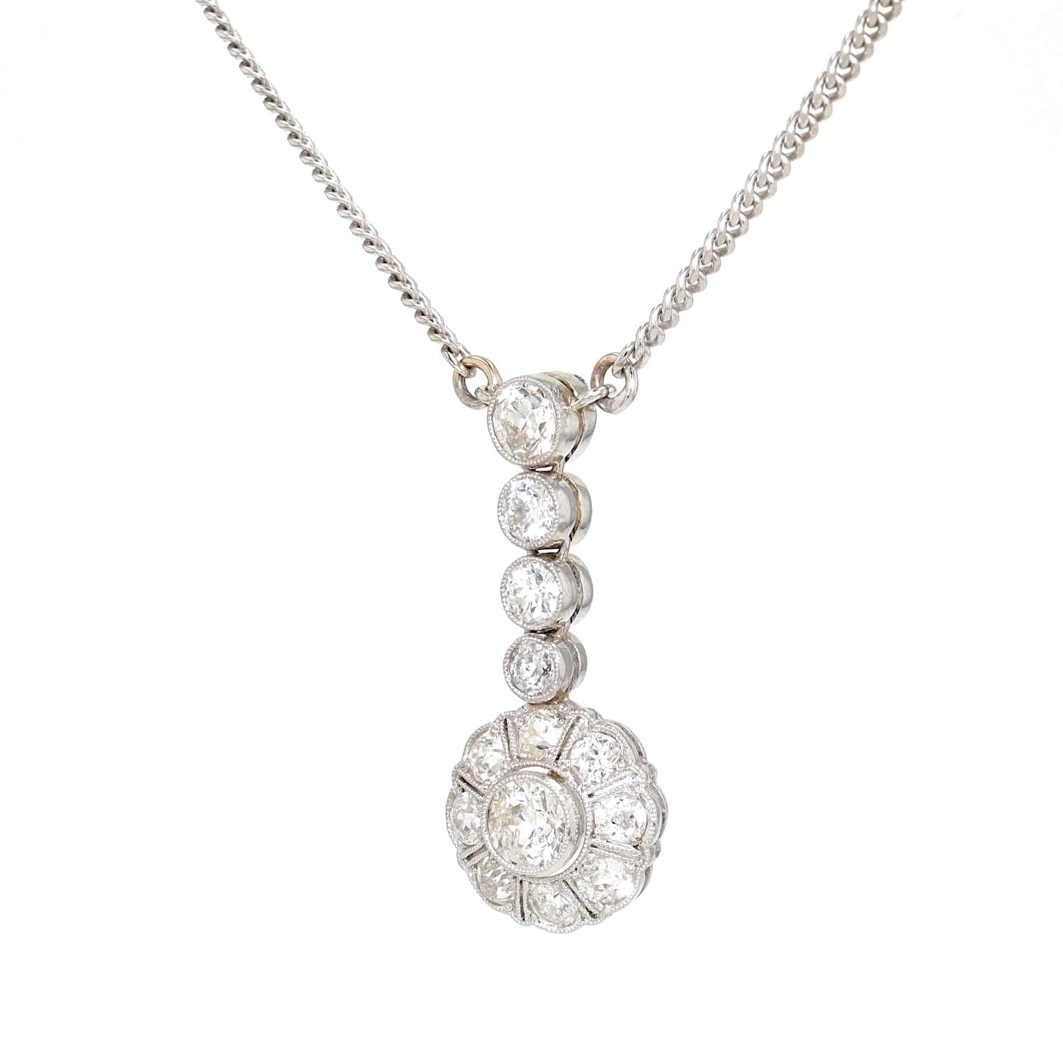 Art Deco and vintage necklace in 585 white gold with approx. 1.4 ct diamonds, hanging left twisted