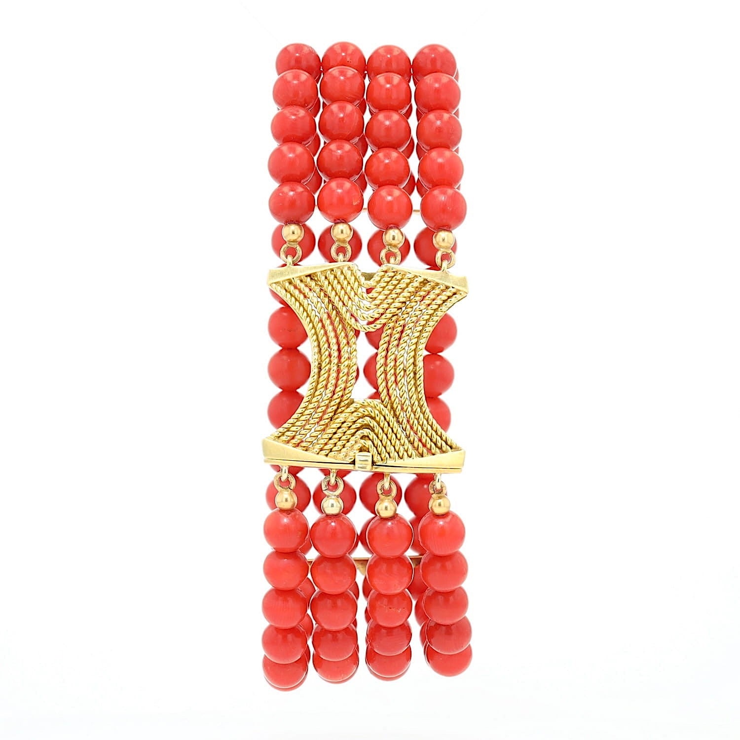 Four-row vintage red coral bracelet with a 750 yellow gold clasp, set up frontally