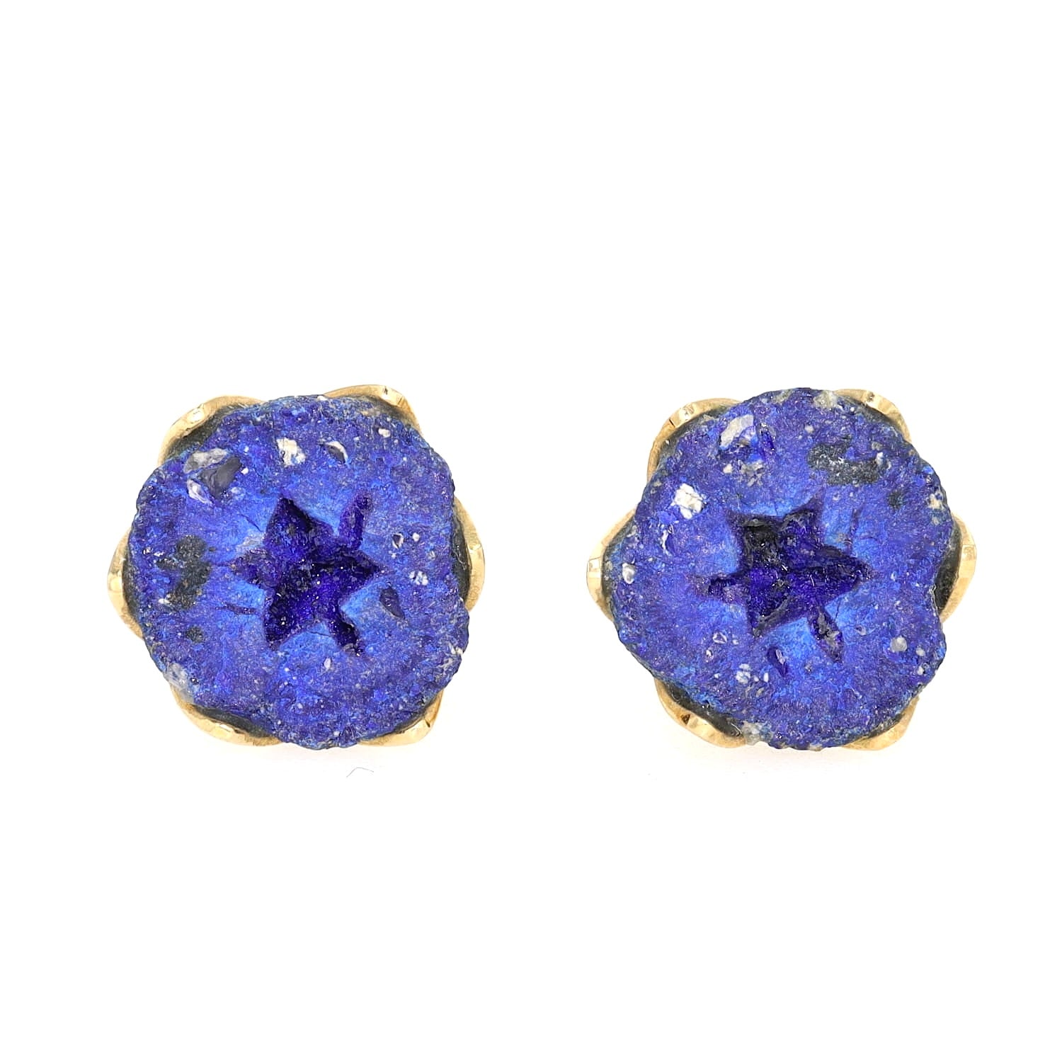 Lapel pin in 750 yellow gold with one azurite each, lying frontally